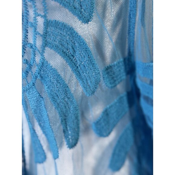 Rebellione Size M /L Long Blue Sheer Cover Up Kimono With Embroidered Floral - Picture 10 of 11